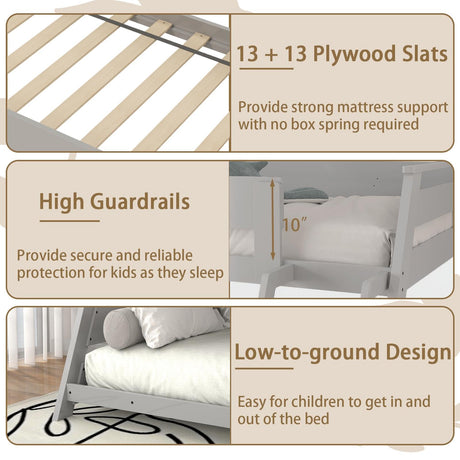 KOMFOTT Wood Twin Over Full Bunk Bed with Reversible Ladder, Wood Bunk Bed Frame with Slats Support & Safety Guardrails, Low Convertible Bunk Bed for Teens, Adults, No Box Spring Needed (Grey) KOMFOTT