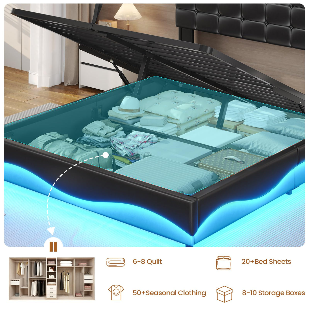 BTHFST Queen Bed Frame with Lift Up Storage, Charging Station & RGB Lights Headboard, PU Leather Upholstered Bed, No Box Spring Needed, Hydraulic Storage, Heavy Duty Wooden Slats, PU Black BTHFST