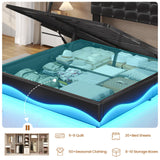 BTHFST Queen Bed Frame with Lift Up Storage, Charging Station & RGB Lights Headboard, PU Leather Upholstered Bed, No Box Spring Needed, Hydraulic Storage, Heavy Duty Wooden Slats, PU Black BTHFST