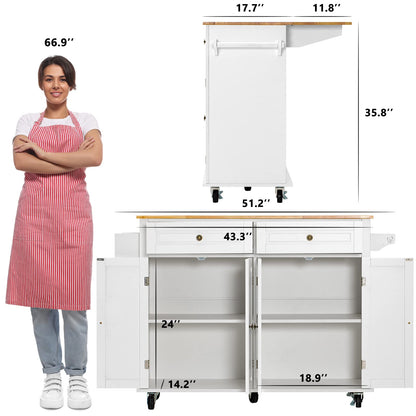 Rolling Kitchen Island with Drop Leaf – Movable Kitchen Carts on Wheels Island with Storage Cabinet, Island Table for Kitchen with Rubber Wood Top and Rack and Drawers, Matte, White - WoodArtSupply