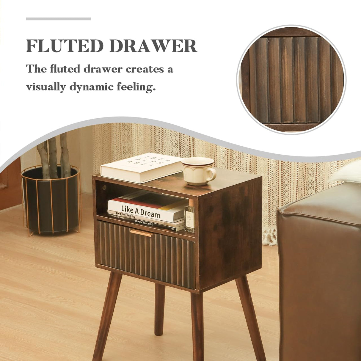 Fultyle Walnut Nightstand, Wooden Bedside Table with Fluted Drawers and Open Shelf, Night Stand Wood for Bedroom, Living Room and Small Space (Rustic Brown) Fultyle