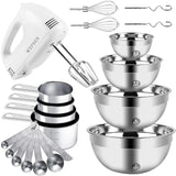 WEPSEN Hand Mixer Electric Mixing Bowls Set, 5 Speeds Handheld Mixer with 4 Nesting Stainless Steel Mixing Bowl, Measuring Cups Spoons 200W Kitchen Blender Whisk Beater Baking Supplies For Beginner WEPSEN