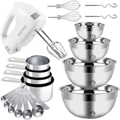 WEPSEN Hand Mixer Electric Mixing Bowls Set, 5 Speeds Handheld Mixer with 4 Nesting Stainless Steel Mixing Bowl, Measuring Cups Spoons 200W Kitchen Blender Whisk Beater Baking Supplies For Beginner WEPSEN