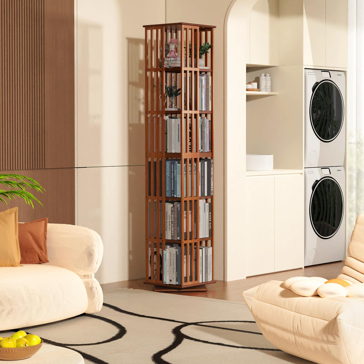 Rotating Bamboo Bookshelf | 6 Tier Revolving Bookcase | 360-degree Space Saving Spinning Book Shelf | Swivel Book Shelves for Display Corner-Friendly Small Space-15.75"W×15.75"D×74.8"H(Walnut) Lauxery