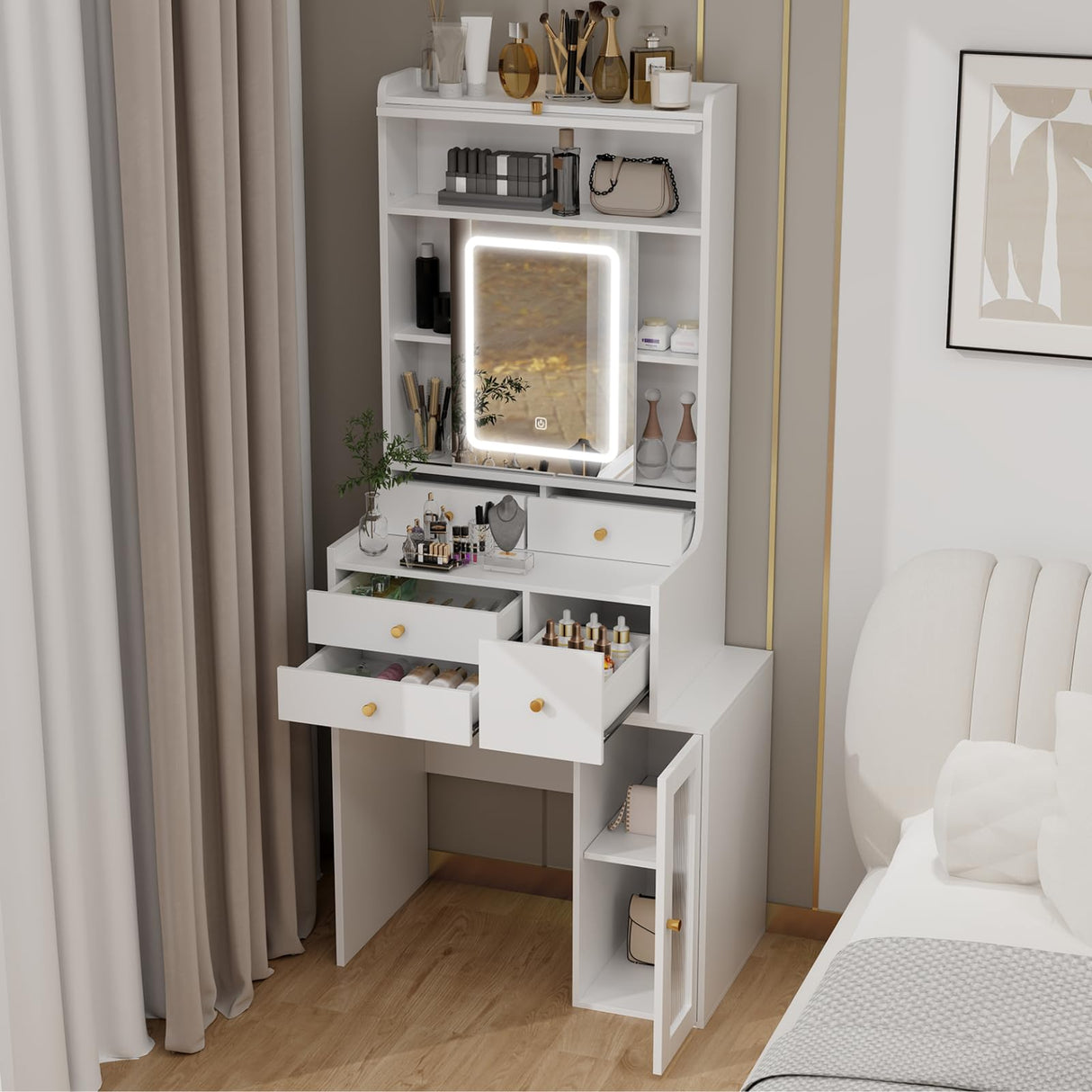 ARTETHYS Small Vanity Desk with Sliding Mirror and Lights White Makeup Vanities Set with Drawers Compact Dressing Table with Cabinet and Adjustable Shelves for Bedroom ARTETHYS
