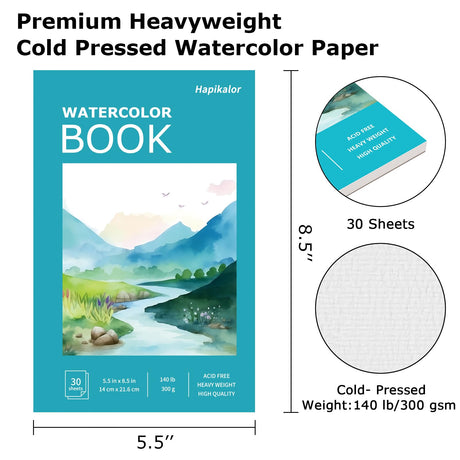 Hapikalor 5.5"x8.5"Watercolor Small Sketchbook for Kids, 30 Sheets (60 Pages) Spiral Bound, Water Color Paper, 140lb/300gsm Watercolor Paper, Watercolor Notebook, Watercolor Journal, Sketch Pad, Teal Hapikalor