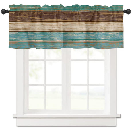 Rustic Farmhouse Valances Curtains for Kitchen Windows, Retro Wood Rod Pocket Curtain Toppers Teal Green Brown Country Short Curtains Treatments for Bedroom/Living Room/Bathroom,54" X 18"-1 Panel Vandarllin