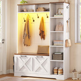 Itaar Hall Tree with Bench and Shoe Storage, Farmhouse Entryway Bench with Coat Rack, Shoe Cabinet with Flip Drawers, 7 Shelves, 10 Coat Hooks, Storage Bag, Led Lights, White Itaar
