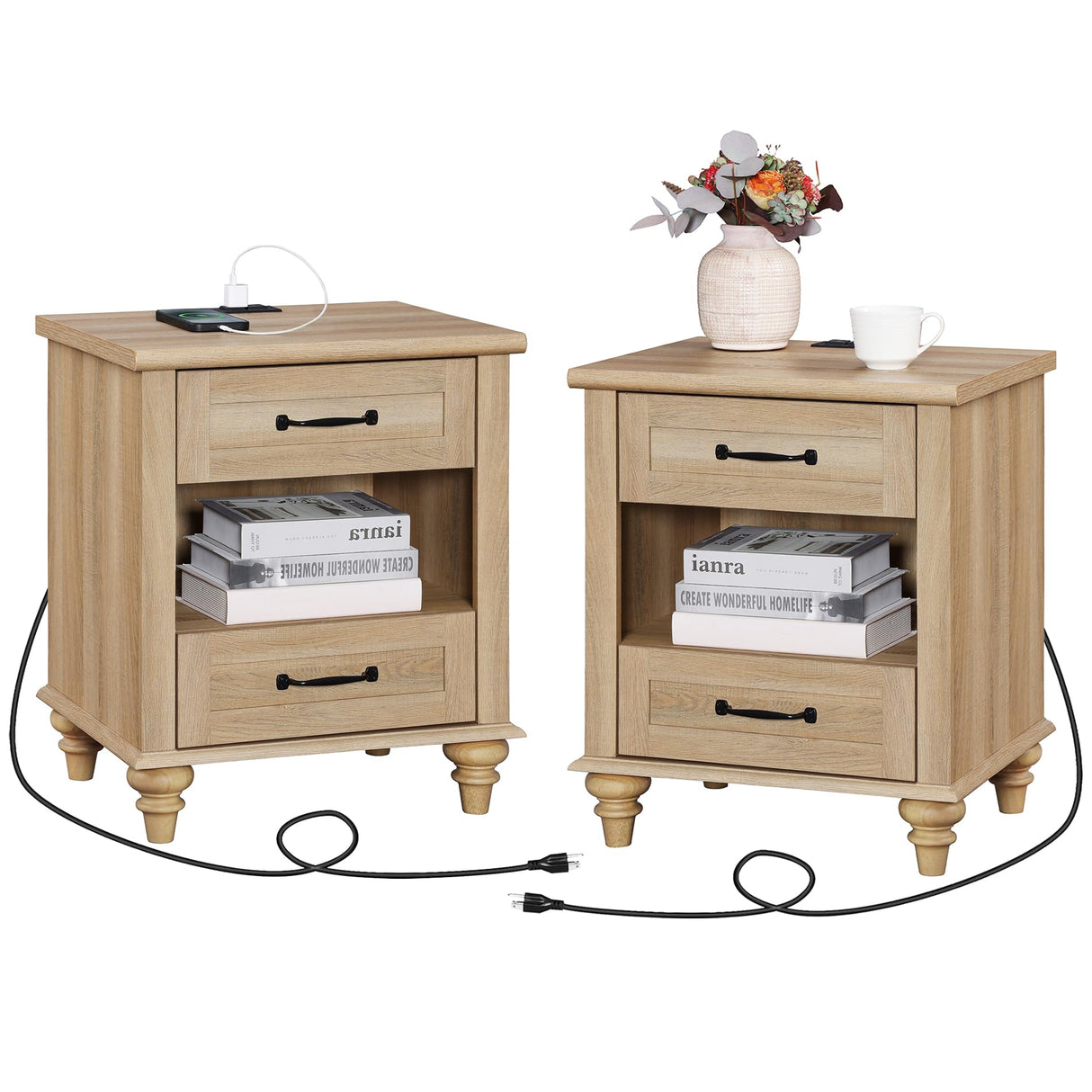 WAMPAT Nightstands Set of 2 End Tables with Charging Station, Farmhouse Side Table with 2 Drawers & Shelf for Living Room, Light Wood Night Stand Bedside Table for Bedroom, Oak WAMPAT
