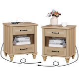 WAMPAT Nightstands Set of 2 End Tables with Charging Station, Farmhouse Side Table with 2 Drawers & Shelf for Living Room, Light Wood Night Stand Bedside Table for Bedroom, Oak WAMPAT