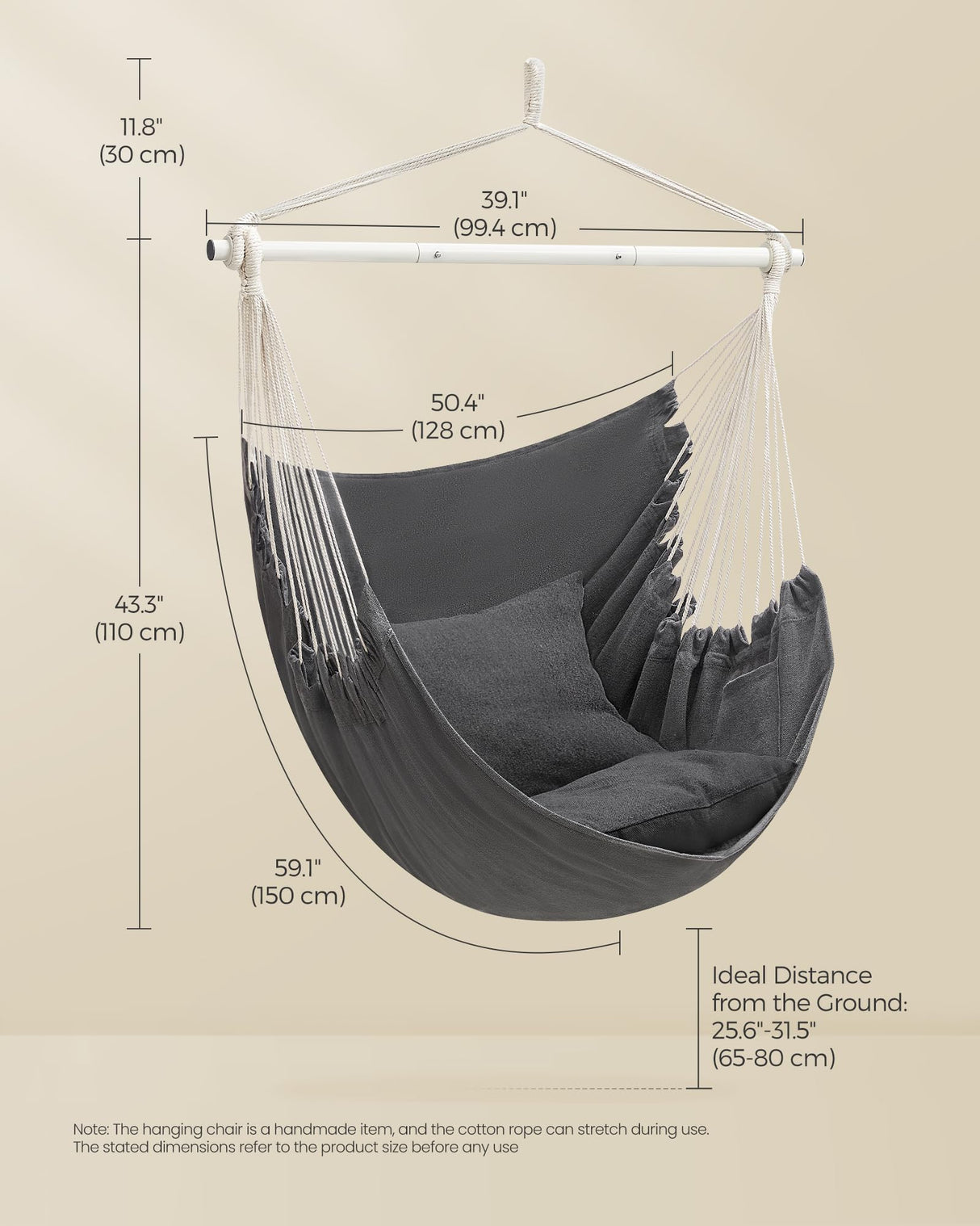 SONGMICS Hammock Chair, Load Capacity 500 lb, Hanging Chair with 2 Cushions, Large Hammock Swing with Chain and Pocket, for Indoor, Outdoor, Living Room, Bedroom, Slate Gray UGDC197G02 SONGMICS
