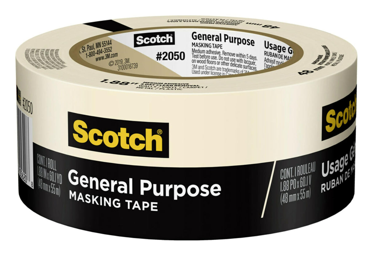 Scotch General Purpose Masking Tape, 1.88 in x 60.1 yd, Beige, Sticks for Up to 5 Days, Removes Easily Without Leaving Sticky Residue, Easy-to-Tear Masking Tape (2050-48MP) Scotch