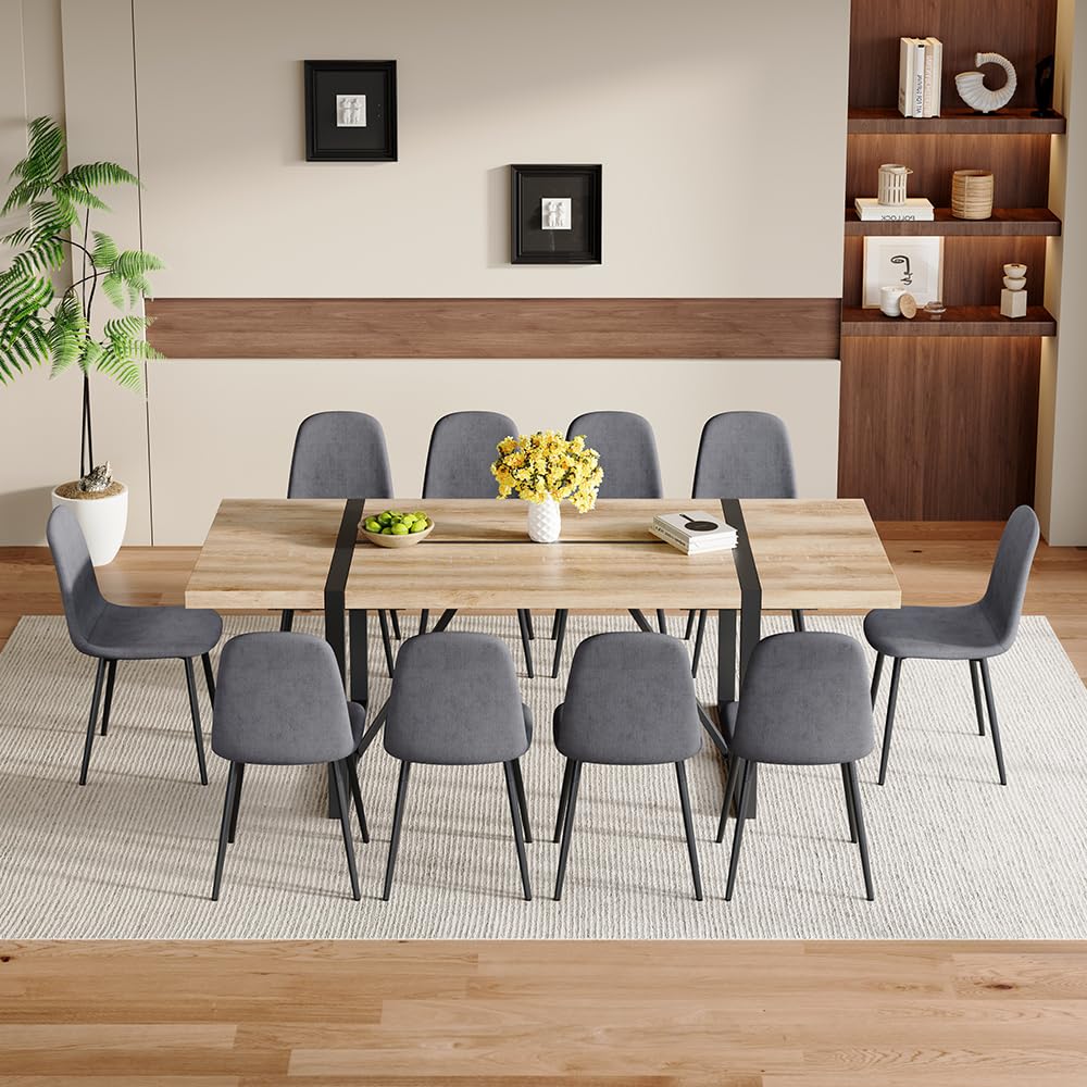 86.6" Dining Table Set for 10, Modern 11 Piece Wood Kitchen Table and Chairs Set, Large Rectangle Dining Table with 10 Linen Fabric Upholstered Chairs, Perfect for Family Gatherings and Dining Room UELKS