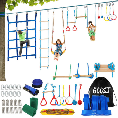 65FT Ninja Warrior Obstacle Course for Kids with 12 Obstacle Course Accessories-Swings, Monkey Bars, Arm Trainers and More, Suitable for Boys and Girls Over 3 Years Old-440 lbs Weight Capacit GCCSJ