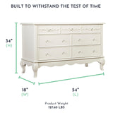 Evolur Aurora 7 Drawer Double Dresser in Ivory Lace, Fitted with 7 deep and Roomy Drawers with Five-Piece Drawer Box Construction, Comes Assembled Evolur