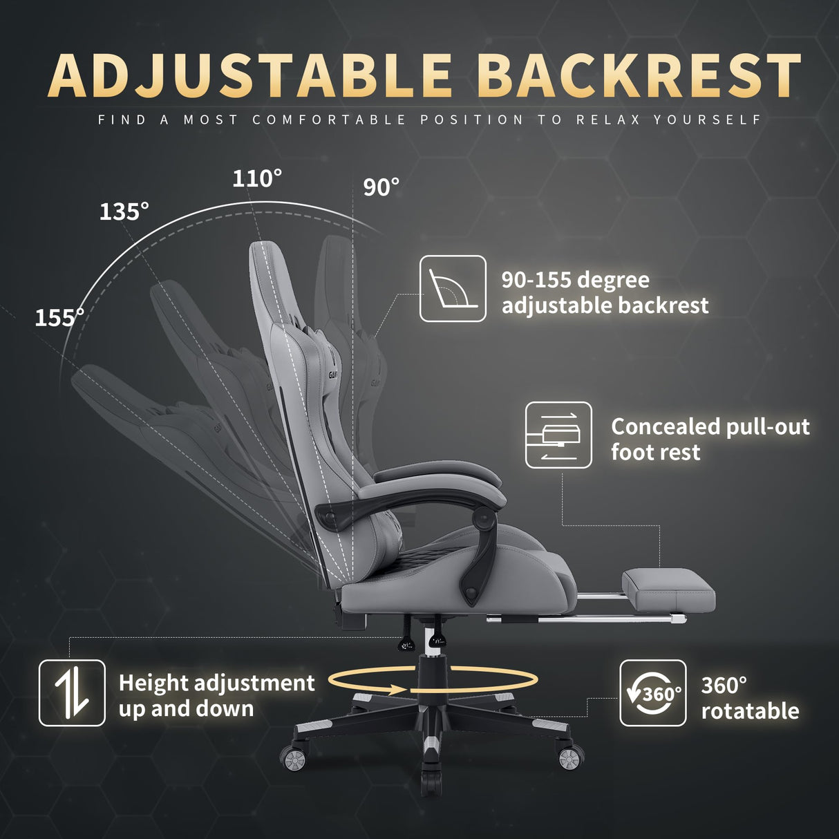 Gaming Chair, Computer Office Chair with Footrest, 155° Reclining Chair, Ergonomic High Back Computer Chair with Headrest and Lumbar Support for Adults and Kids(Grey) Gamtimer