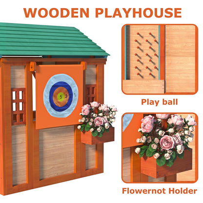 Outdoor Playhouse for Age 3-8 Years Boy Girl, Wooden Cottage Playhouse with 4 Game Awning Window, Ball Wall & Tetris. Play House for Outdoor Garden,