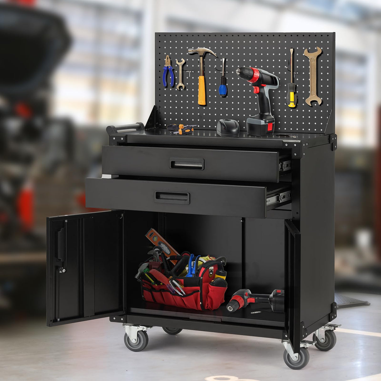 Danrelax 52" Mobile Workbench with Pegboard & Drawers - Heavy-Duty Garage Tool Bench with Lockable Storage, Cold-Rolled Steel, 4 Swivel Casters, Black Danrelax