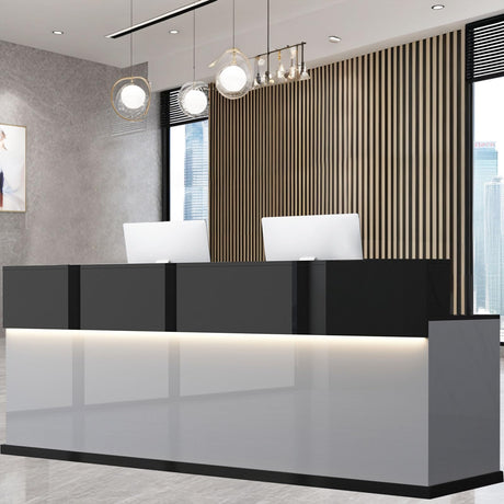 Modern Reception Desk with Counter, 63" Black Solid Wood Front Desk with Lockable Drawers/Cabinets/LED Light Strip, Retail Counter for SOHO, Office, Beauty Salon(Black+Gray, 63in) Generic