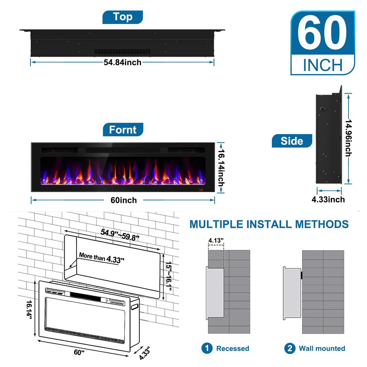 60 Inch Electric Fireplace Recessed and Wall Mounted, Fireplace Heater and Linear Fireplace, Ultra-Thin Electric Fireplace, Low Noise, with Timer, Remote Control, Adjustable 12 Flame Color, 750/1500W Sixfivsevn