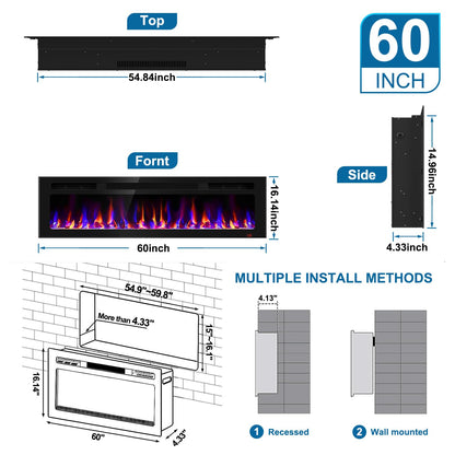 60 Inch Electric Fireplace Recessed and Wall Mounted, Fireplace Heater and Linear Fireplace, Ultra-Thin Electric Fireplace, Low Noise, with Timer, Remote Control, Adjustable 12 Flame Color, 750/1500W