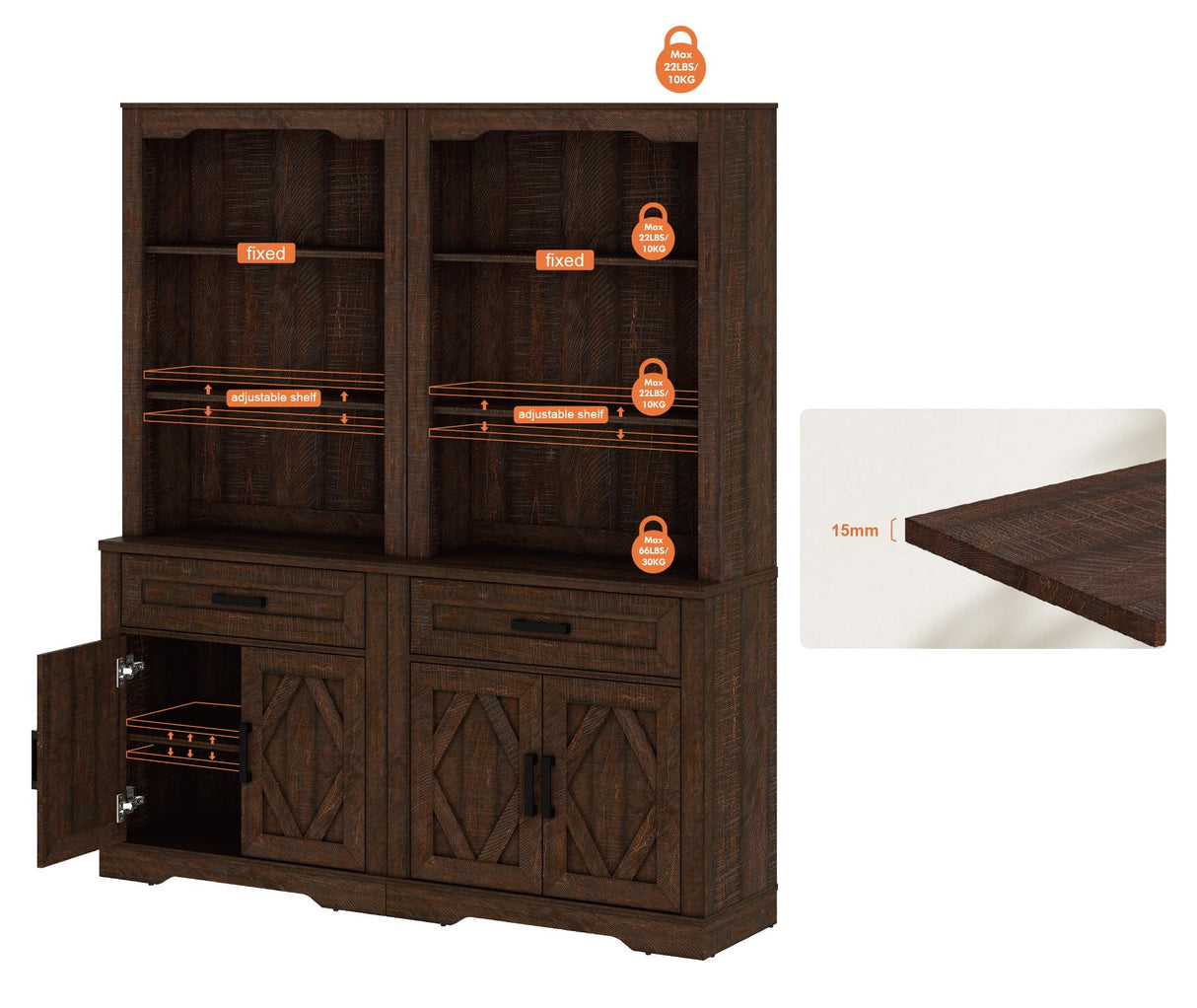 WAMPAT 5-Tier Bookcase with Barn Door Cabinets,73.3" Tall Standing Rustic Bookshelves,63" Wide Modern Farmhouse Display Storage Cabinet with Adjustable Shelves for Home,Office,Rustic Brown WAMPAT