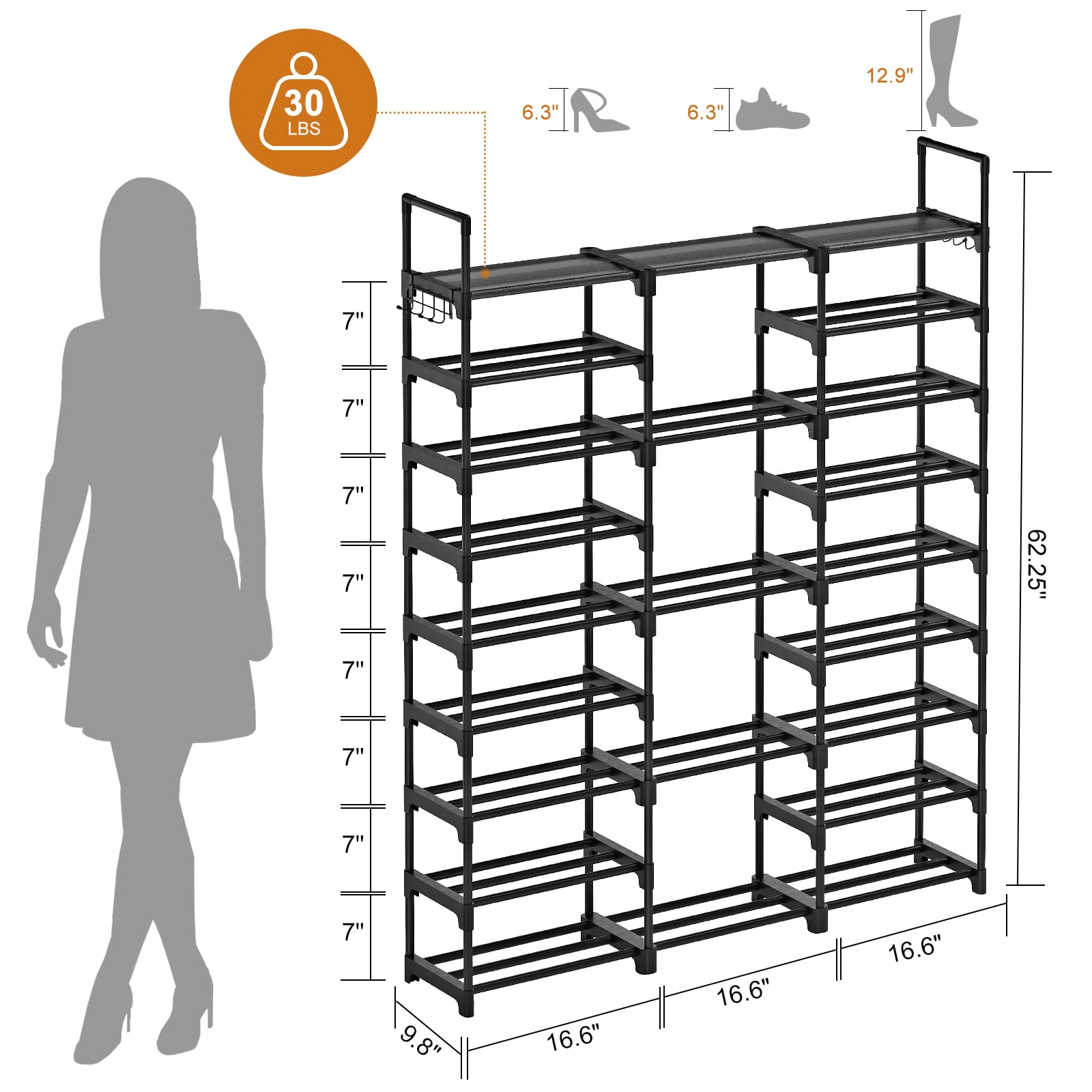 WOWLIVE 9 Tiers Large Shoe Rack Storage Organizer for Closet 50-55 Pairs Shoe Tower Unit Shelf Stackable Shoe Rack with Metal Pipes Plastic Connectors Black(SSS3B9) - WoodArtSupply