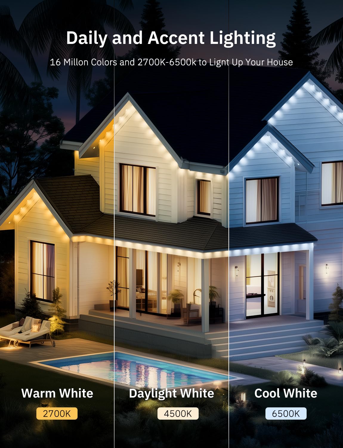 200FT Permanent Outdoor Lights, 100 Smart Waterproof IC+RGBCW LED Eaves with Warm White & Cool White, Halloween Christmas Permanent Light with 48 Scenes Mode for All Holiday Decor Party Daily Lighting lemonlovely