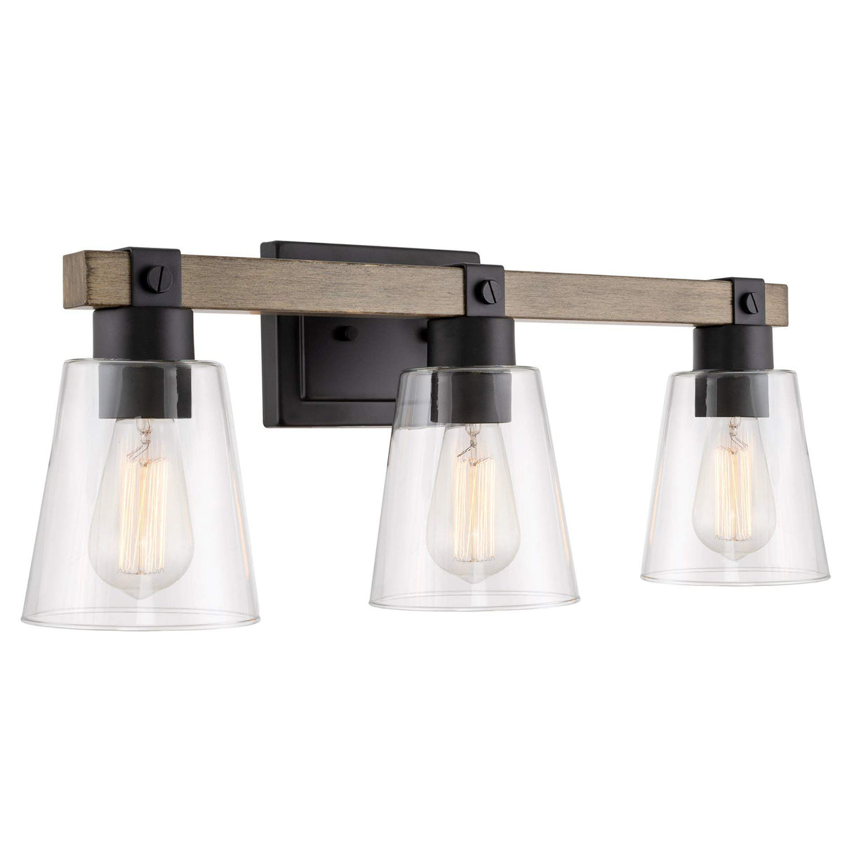 Kira Home Asher 23" 3-Light Farmhouse Vanity/Bathroom Light + Funnel Glass Shades, Smoked Birch Wood Style + Black Finish Kira Home