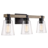 Kira Home Asher 23" 3-Light Farmhouse Vanity/Bathroom Light + Funnel Glass Shades, Smoked Birch Wood Style + Black Finish Kira Home