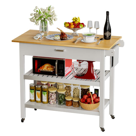 HiDSLiving Kitchen Island 42" Rolling Kitchen Island Cart On Wheels with Drawer Towl Rack 3 Tiers Rolling Utility Cart with Solid Wood Top Serving Trolley for Dining Room White HiDSLiving