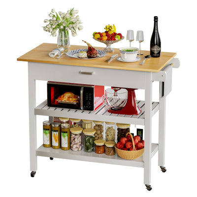 HiDSLiving Kitchen Island 42" Rolling Kitchen Island Cart On Wheels with Drawer Towl Rack 3 Tiers Rolling Utility Cart with Solid Wood Top Serving Trolley for Dining Room White