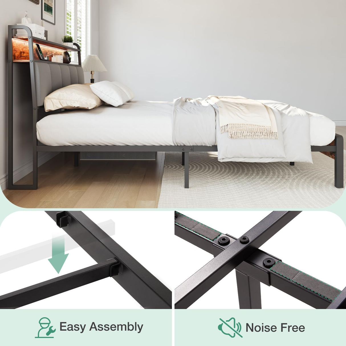 Novilla Queen Size Bed Frame With Headboard, Metal Frame With Lights & Charging, 12 Inches Storage Space, Heavy Duty Steel Slat Support, No Box Spring Needed Novilla