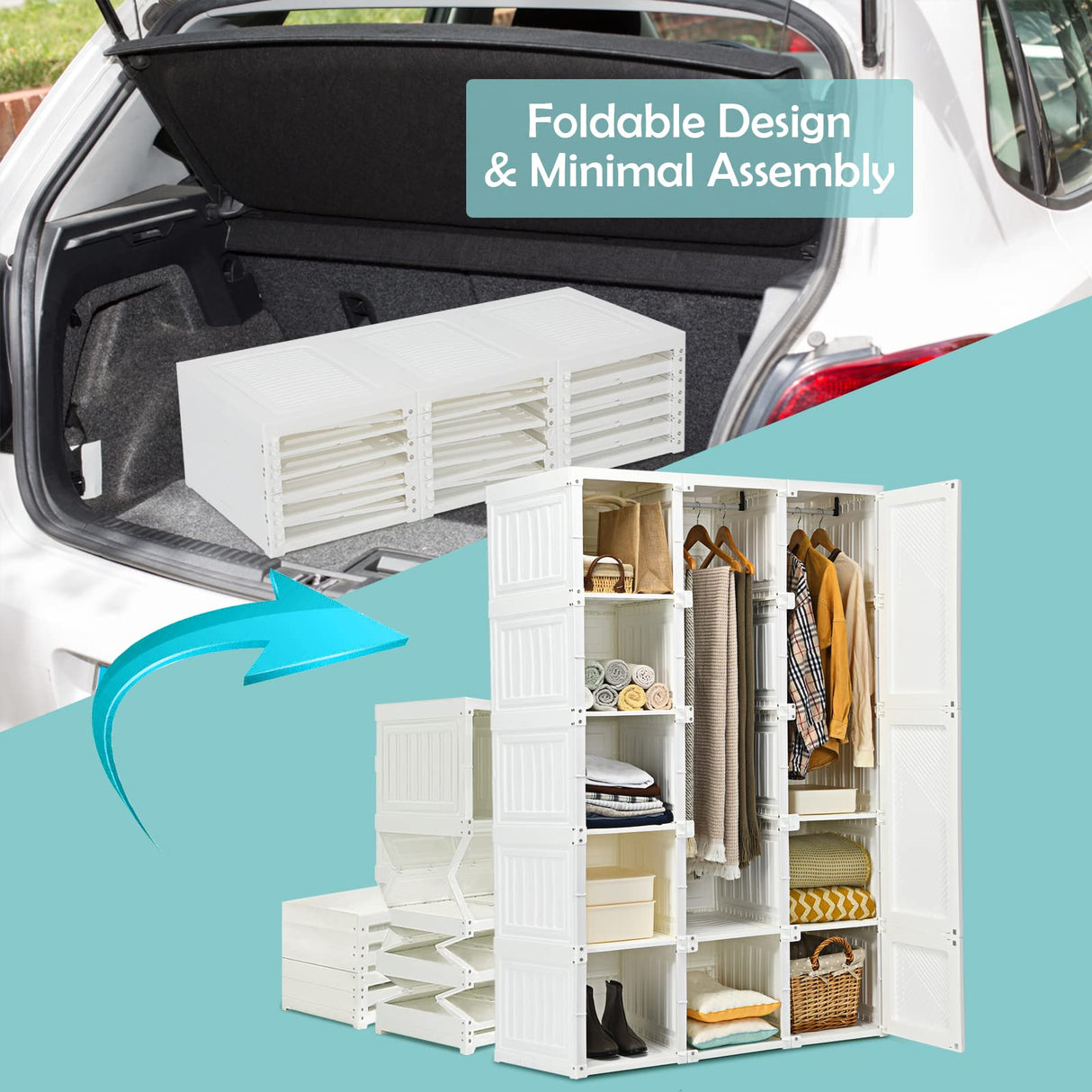 Tangkula Portable Closet Wardrobe, Foldable Clothes Organizer with Cubby Storage, Hanging Rods, Easy Assemble Clothing Storage with Magnet Doors, Folding Bedroom Armoire (10 Cubbies & 2 Rods) Tangkula