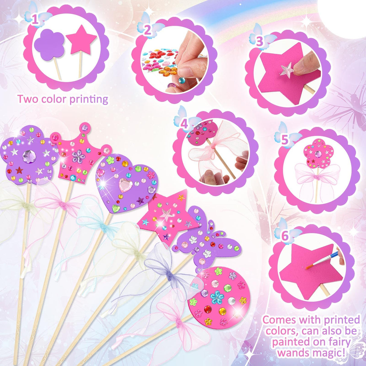 Juexica 20 Pcs Princess Fairy Wands Kit Include 6 Styles Unfinished Wooden Princess Accessories, 4 Pcs Gem Stickers, 4 Rolls Ribbons Make Your Own Fairy Wands for Kids Birthday Party (Pink, Purple) Juexica