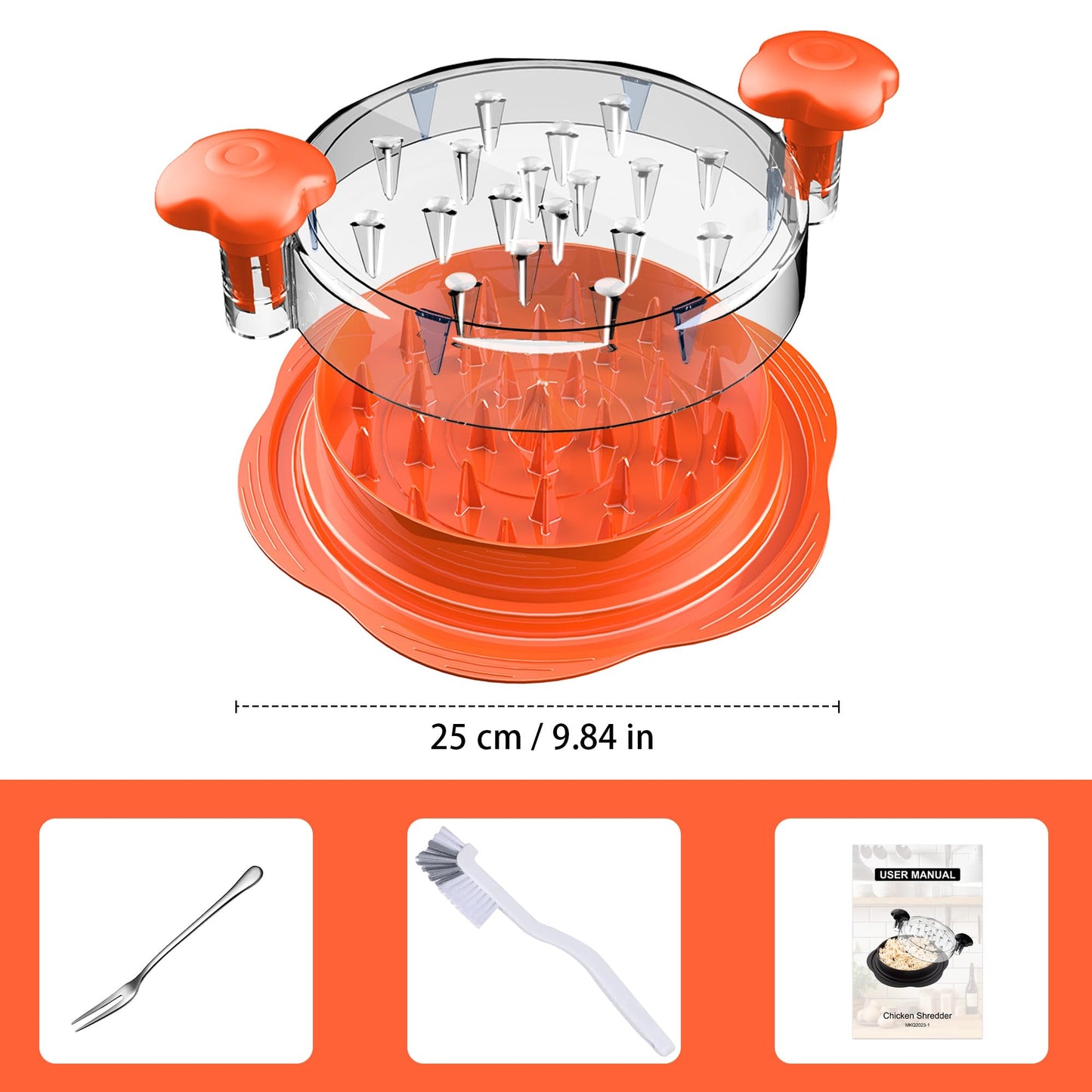 SURETIVIAN Chicken Shredder Large Chicken Breast Shredder Tool Twist with Brush&Fork, Visible Meat Shredder Machine, Anti-Slip Strip, Ergonomic Handle, BPA Free, Suitable for Pork Beef Chicken(Orange)