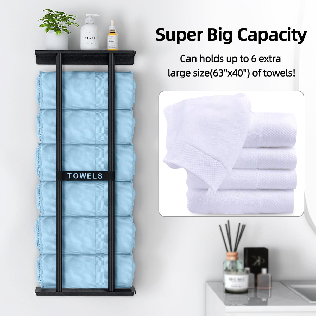 STWWO Bathroom Towel Storage Rack, Towel Racks for Bathroom Wall Mounted 30 inch with Shelf Can Holds 6 Large Towels, Wall Towel Rack for Rolled Towels, Black STWWO