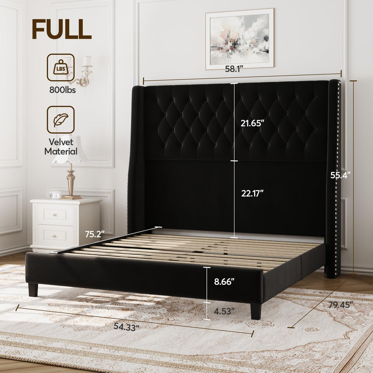 SEREINEY Full Bed Frame with 55" Tall Headboard, Upholstered Bed Frames, Soft Fabric, Button Tufted Headboard with Windback, Platform Bed, Noise-Free, No Box Spring Needed, Black SEREINEY