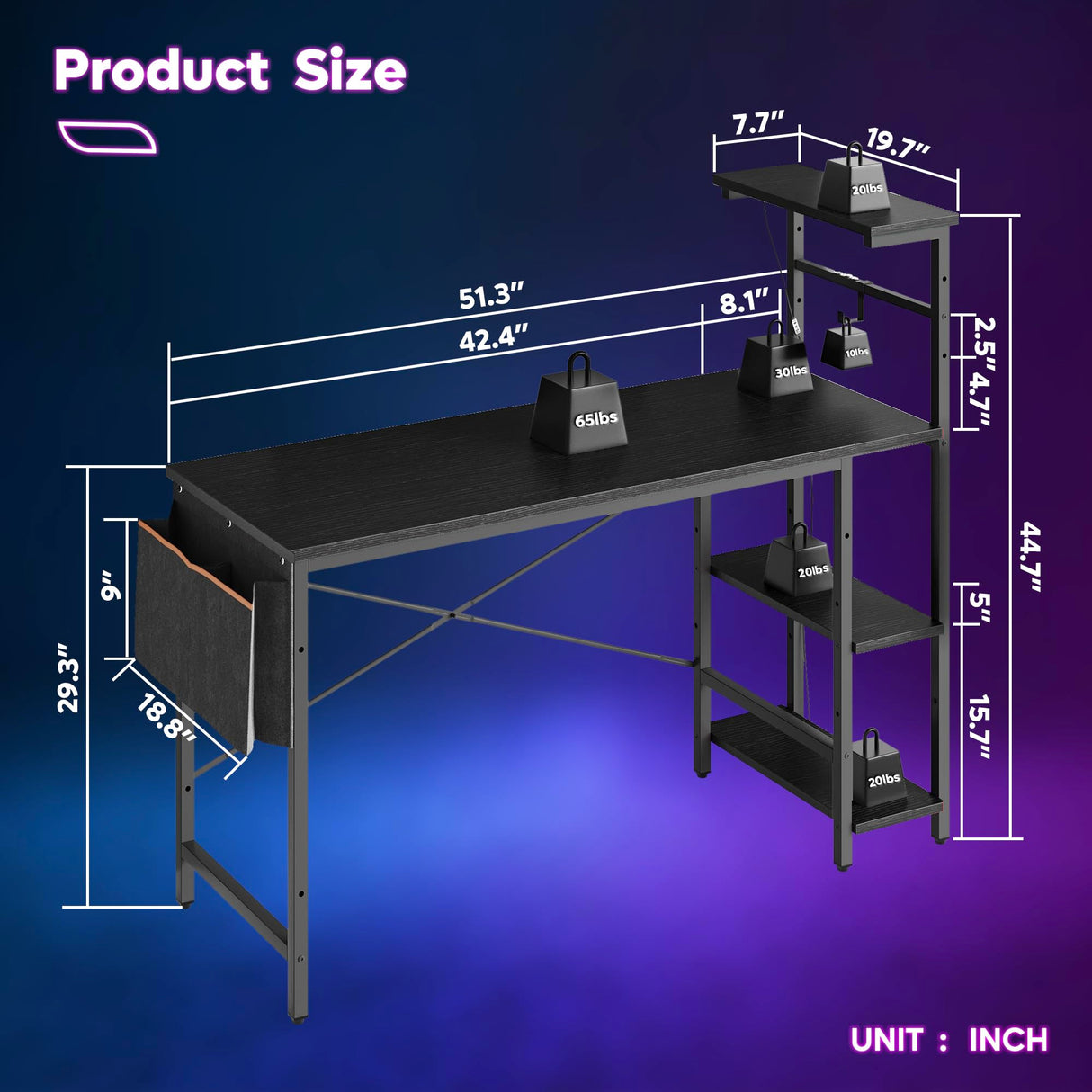 Bestier Gaming Desk with LED Lights, 51.3 Inch Computer Desk with 4 Tiers Reversible Shelves, Home Office Writing Desk with Side Storage Bag, Hooks and Height Adjustable Shelf (Black Grained) Bestier