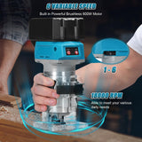 Cordless Wood Router Tool, 600W 6-level Variable Speed Brushless Electric Trimming Machine, 1/4" Collet 18000rpm Hand Compact Edge Trimmer for Engraving Slotting Carving Woodworking DIY VISLONE