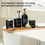 ALPIRIRAL Matte Black Bathroom Accessories Set, 5 Pcs Glass Bathroom Accessory Set with Bamboo Tray, Soap Dispenser and Toothbrush Holder Set, Qtip Holder Set, Farmhouse Boho Bathroom Set Complete ALPIRIRAL