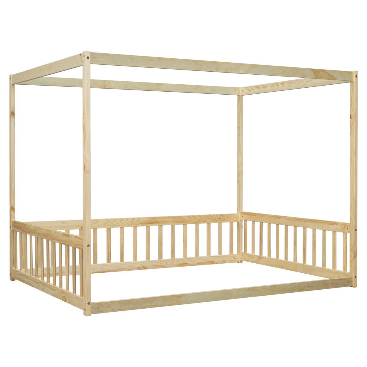 Full-Size Natural Canopy Bed Frame with Guardrails for Kids – Montessori Floor Bed Design Bellemave