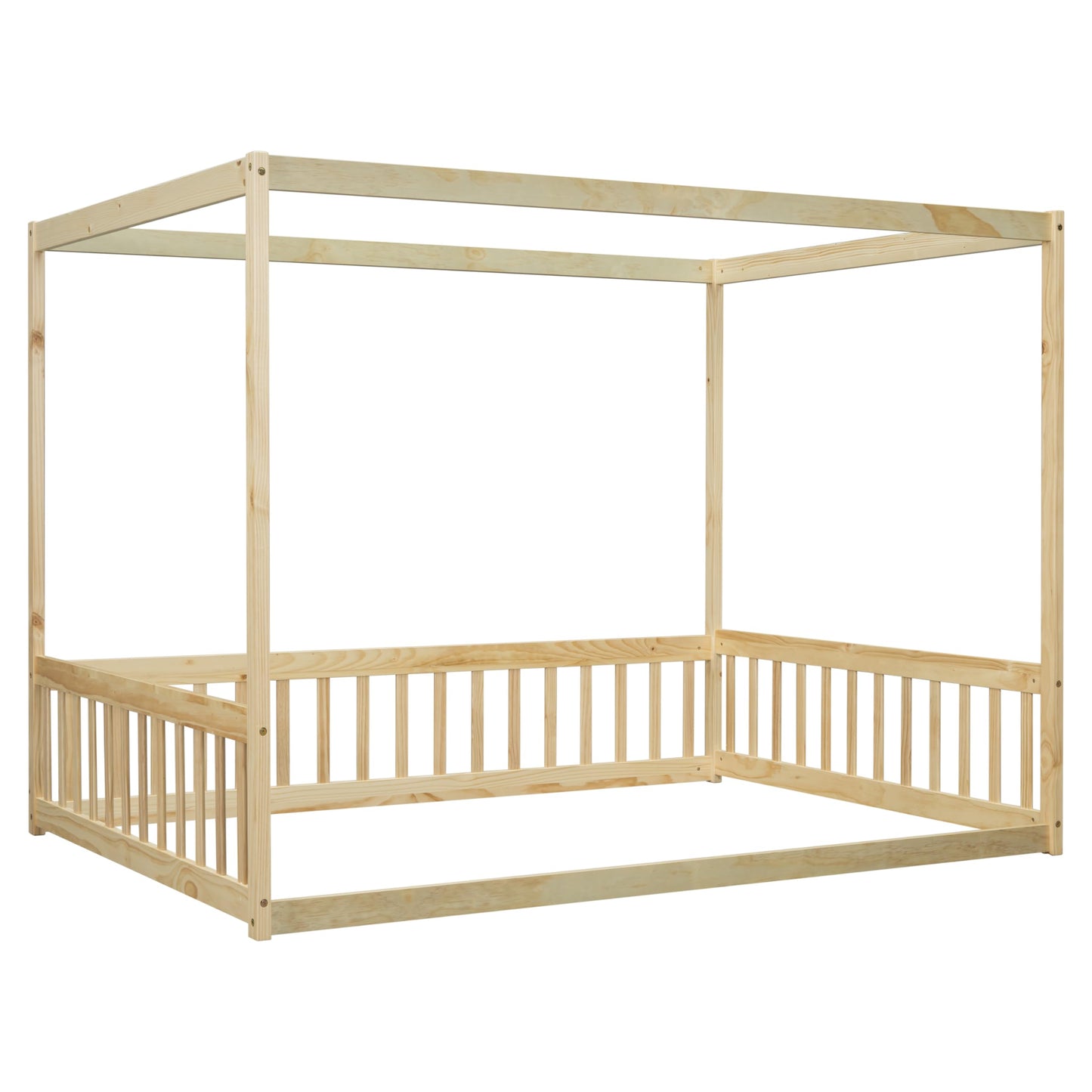 PVWIIK Full Size Canopy Frame Floor Bed with Fence for Girls & Boys,Montessori Floor Bed w/Safety Guardrails for Girls,Boys,No Box Spring Needed, Natural