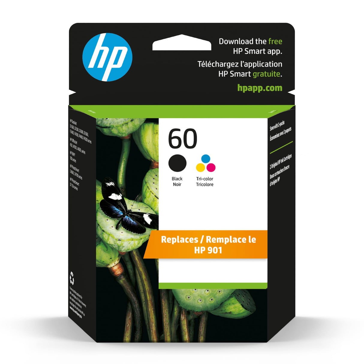 HP 60 Black/Tri-color Ink Cartridges Combo Pack, Works with DeskJet D1660, D2500, D2600, D5560, F2400, F4200, F4400, F4580; ENVY 100, 110, 120; PhotoSmart C4600, C4700, D110a Series | N9H63FN HP