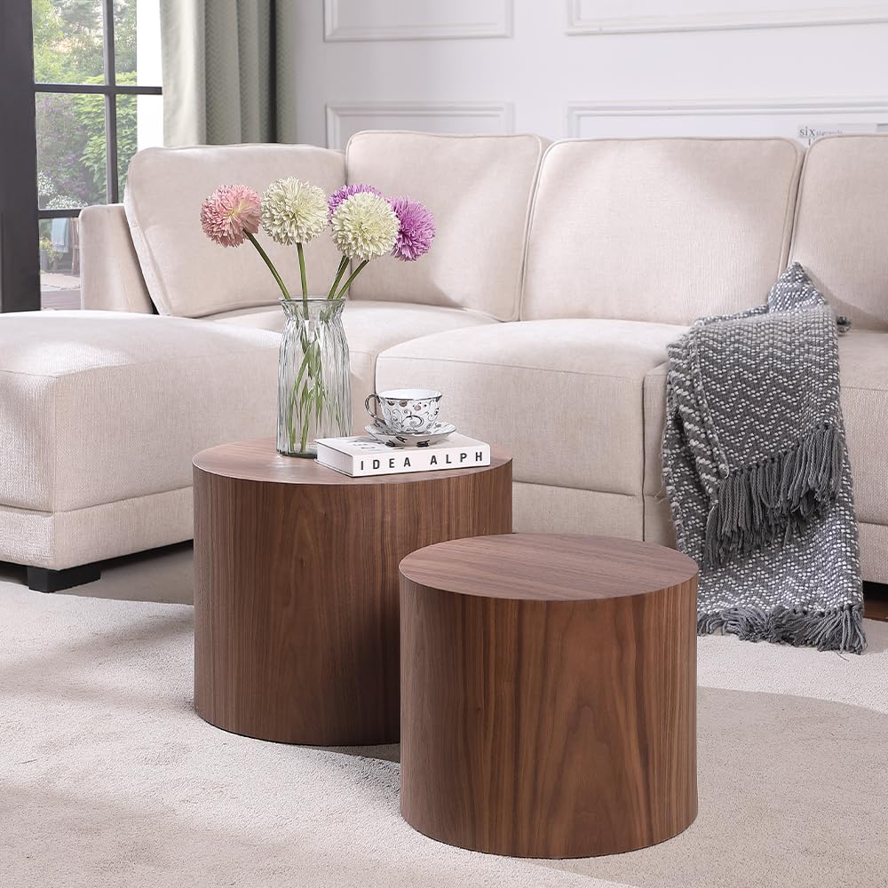 WILLIAMSPACE Nesting End Table Walnut, Wooden Round Coffee Tables Modern Circle Table Set of 2 for Small Space Living Room Bedroom Accent Side Table (Walnut, Round) - WoodArtSupply