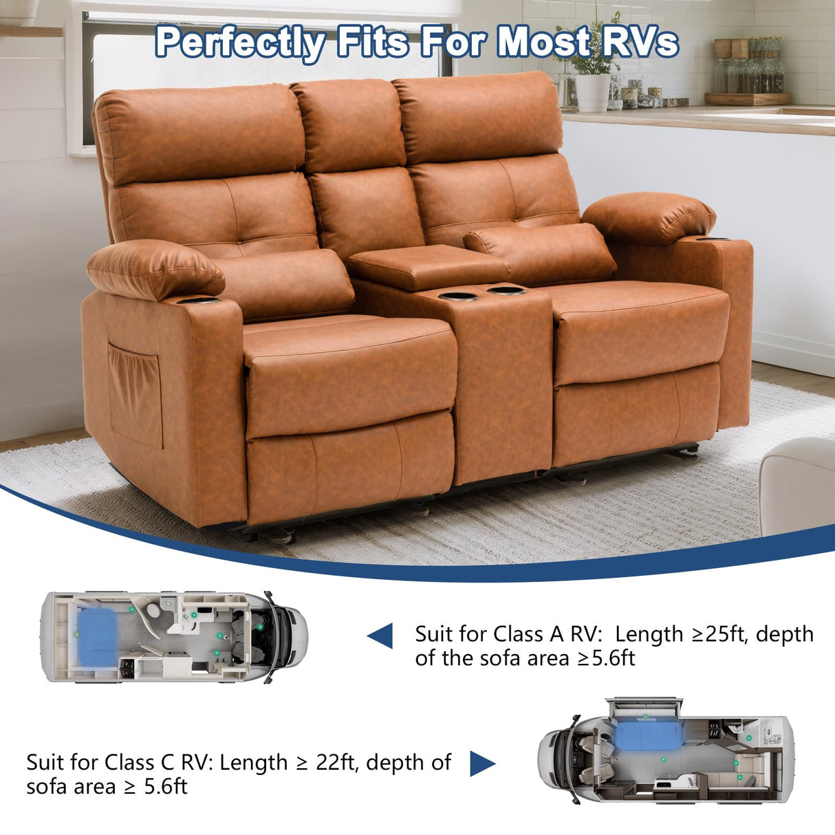 RIHEREFY 68'' RV Loveseat Recliner Sofa| RV Power Reclining Loveseat with Console & Cup Holder | RV Double Recliner Sofa | RV Theater Seating Loveseat(PU, Brown) RIHEREFY