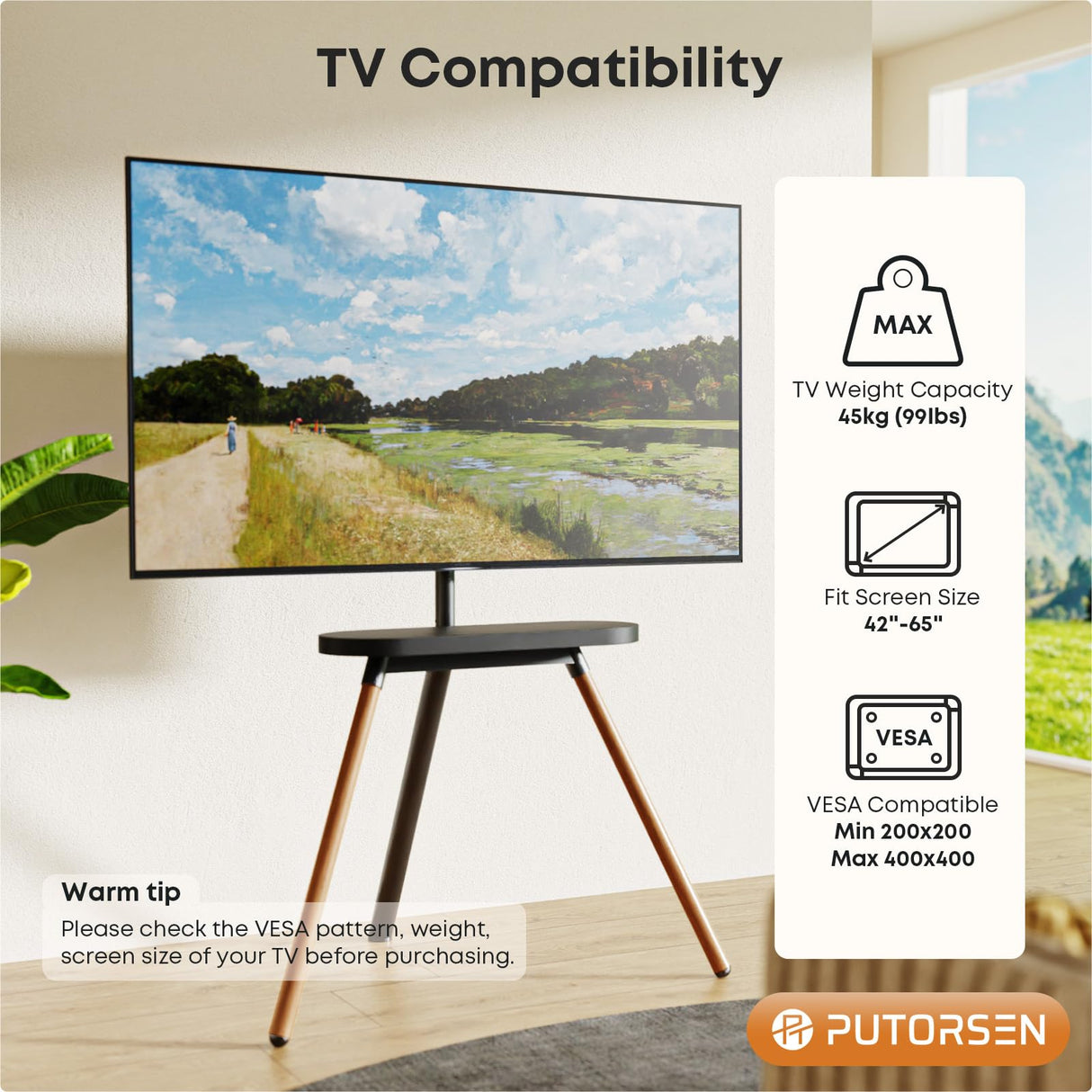 PUTORSEN Easel TV Stand for 42 43 to 65 Inch LED LCD OLED Screens, Portable Swivel Tripod TV Stand with Wooden Tray, Height Adjustable TV Floor Stand, Concealed Cable Management, Max Load 99lbs, Black PUTORSEN