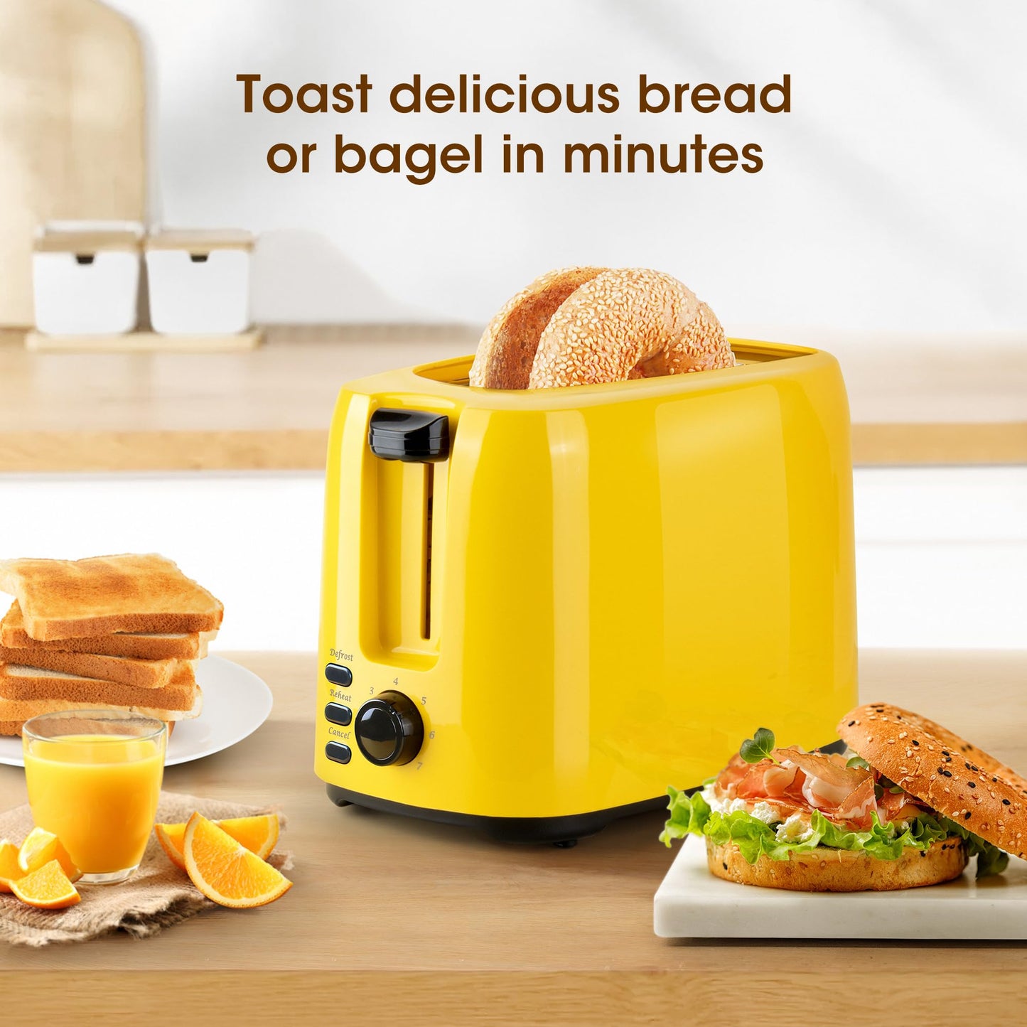 iSiLER 2 Slice Toaster, 1.3 Inches Wide Slot Bagel Toaster with 7 Shade Settings and Double Side Baking, Removable Crumb Tray, Defrost Cancel Function Yellow