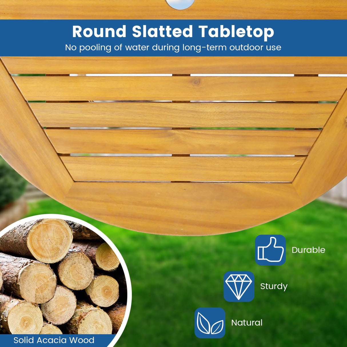 HAPPYGRILL 31.5” Round Bar Table, Bar Height Table with Umbrella Hole & Slatted Tabletop, Acacia Wood Patio Bistro Table, Side Table for Indoors Outdoors HAPPYGRILL