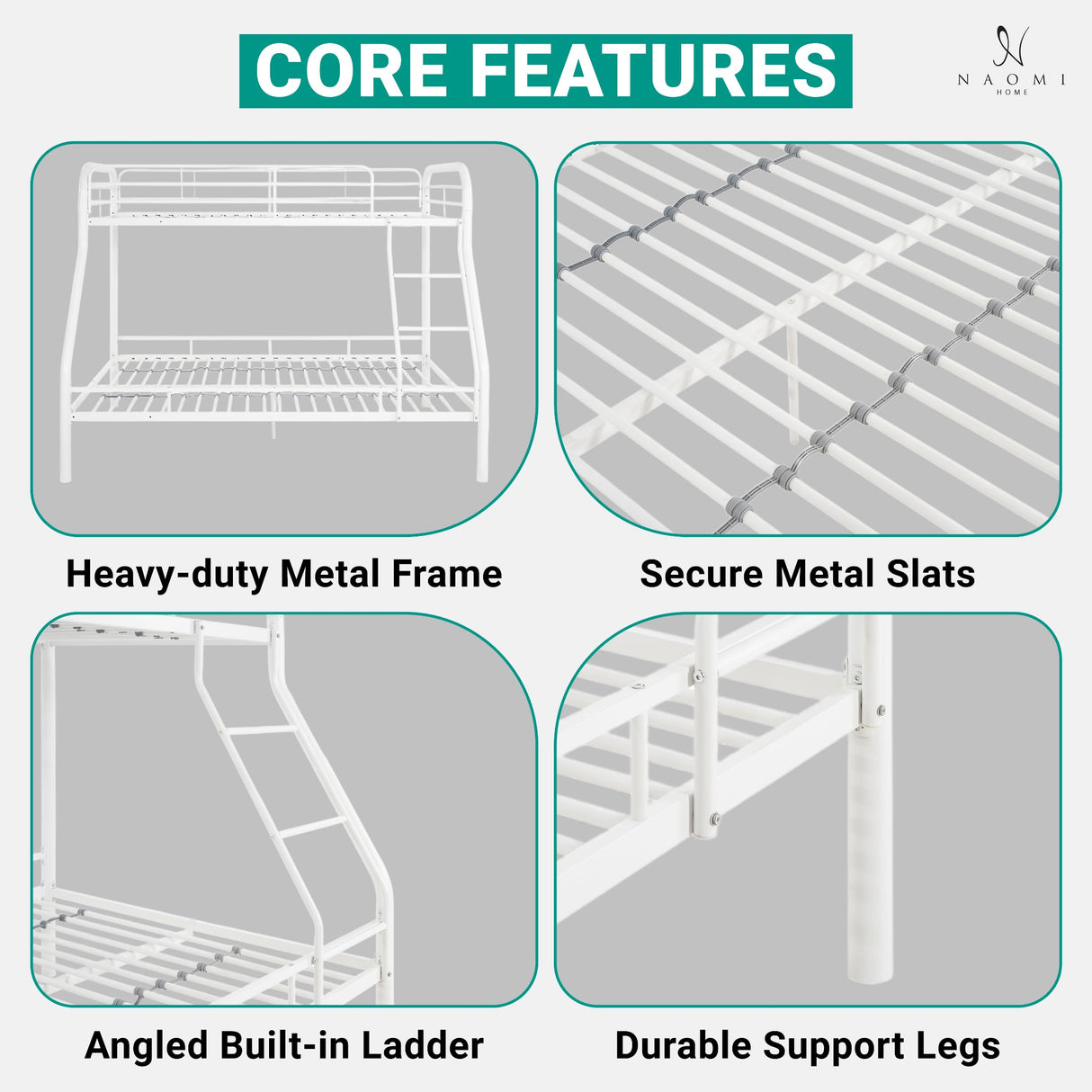 Hollywood Bunk Beds Twin Over Full Size, Heavy Duty Metal Bunk Bed with Safety Guardrails, Angled Ladder, Underbed Storage, 800LBs capacity - for Kids and Teens, Twin over Full Bunk Bed, White Naomi Home